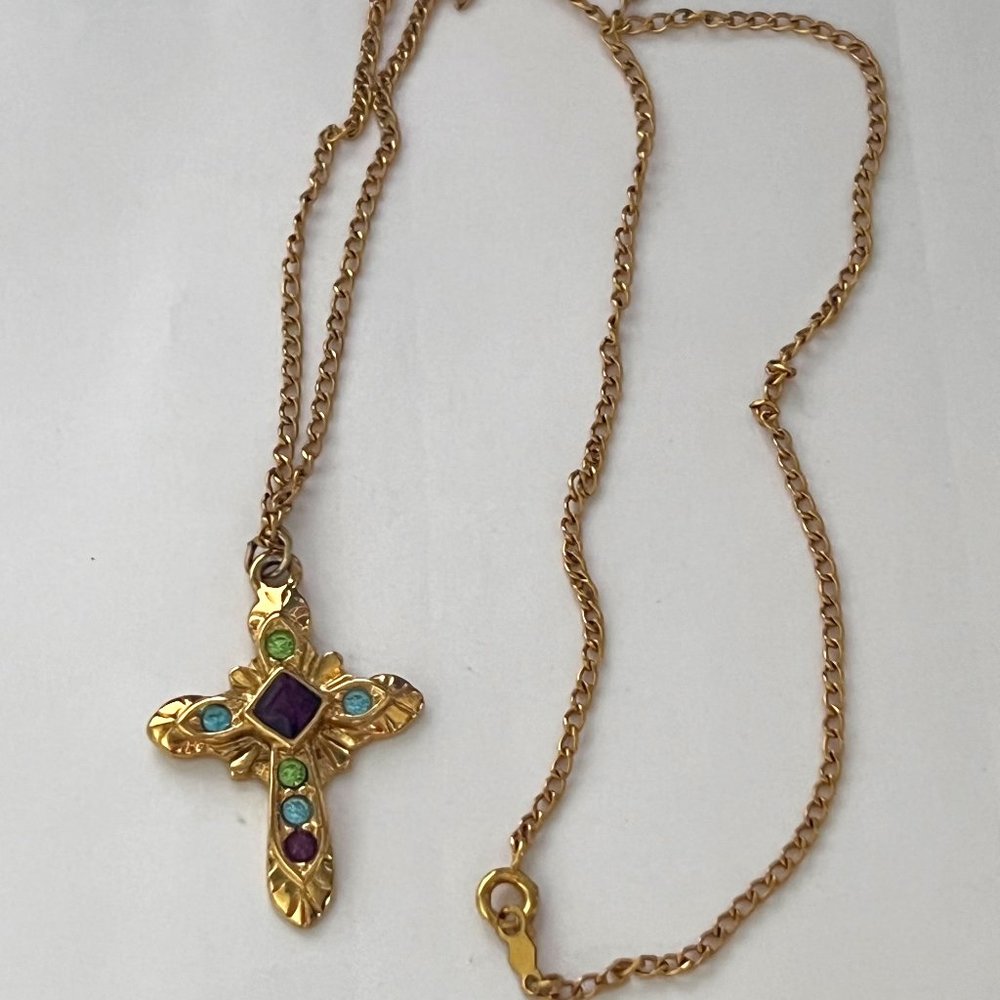 PREMIER DESIGNS Gold Tone Rhinestone Crucifix Cross AJC 12K G.F. Chain Necklace